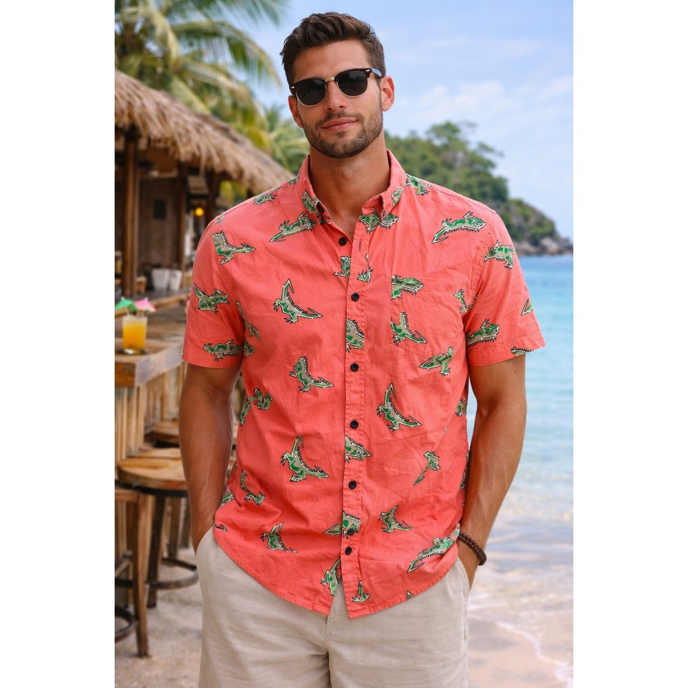 Five Points Industries Iguana Lizard Print Salmon‎ Pink Summer Button Down Sz L